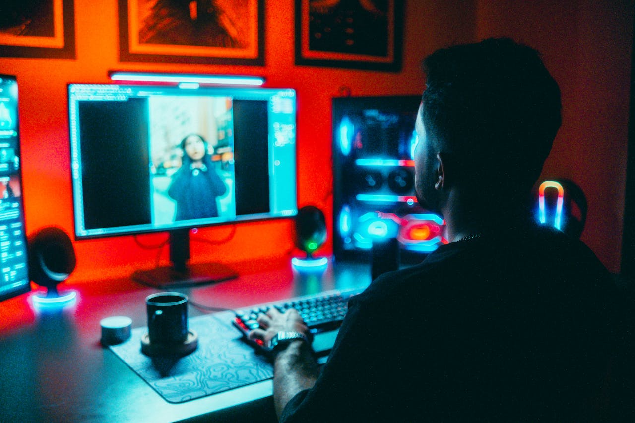 A male photographer edits images on a computer at night in a vibrant neon-lit room.